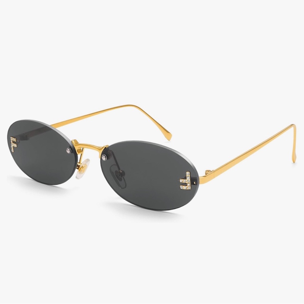 Rimless Retro Oval Sunglasses in Gold/Black 4075 Metal Frame with diamonds